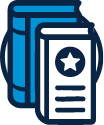 Blue icon of stacked books with a document featuring a star emblem on the cover.