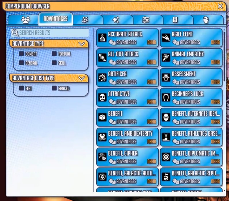 Foundry VTT Compendium Browser showing Mutants & Masterminds advantages list.