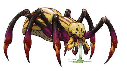 Illustrated giant spider creature with yellow and red markings and dripping venom