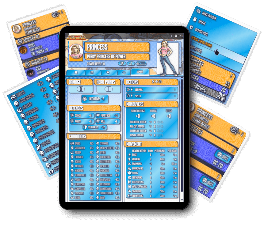 Tablet displaying a Mutants & Masterminds character sheet interface with hero stats, actions, and conditions.