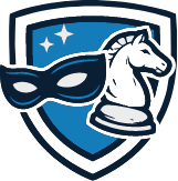 Shield emblem with a theatrical mask and chess knight, representing strategy and creativity.