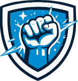 Shield emblem with a raised fist and lightning bolts, symbolizing power and determination.