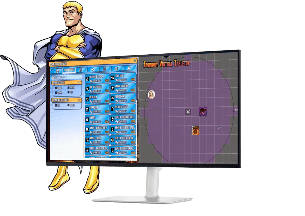 Superhero standing behind a monitor displaying the Mutants & Masterminds interface in Foundry Virtual Tabletop.